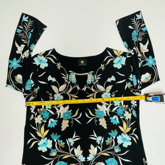 JM Collection Keyhole Tunic Blouse, 3/4 Sleeves, Black w/Floral Print, Size S - Picture 8 of 10